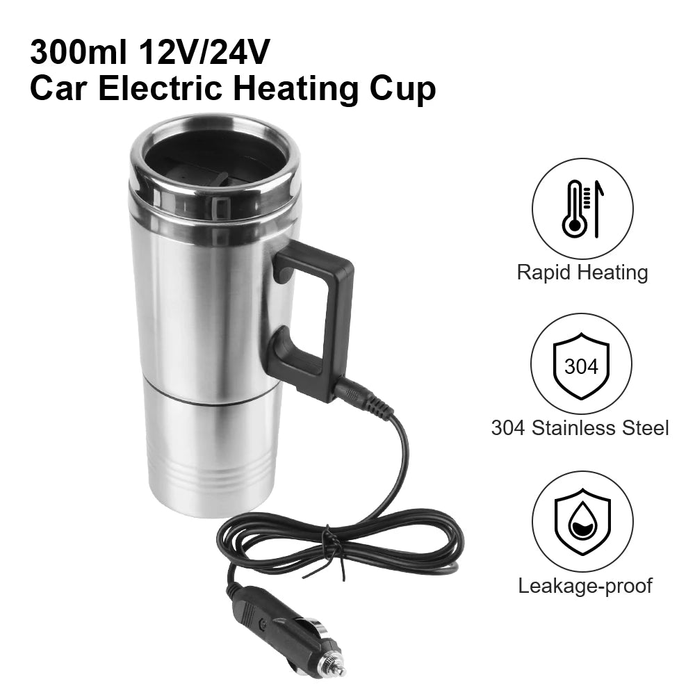 23Cup Camping Travel Kettle Electric Heating Car Kettle Stainless Steel 12V/24V 300ml Auto Accessories